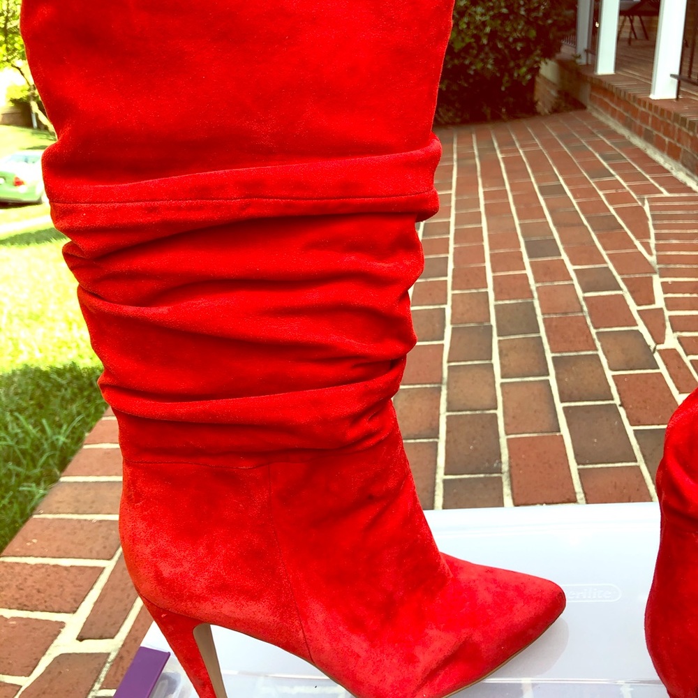 Red stiletto suede boots